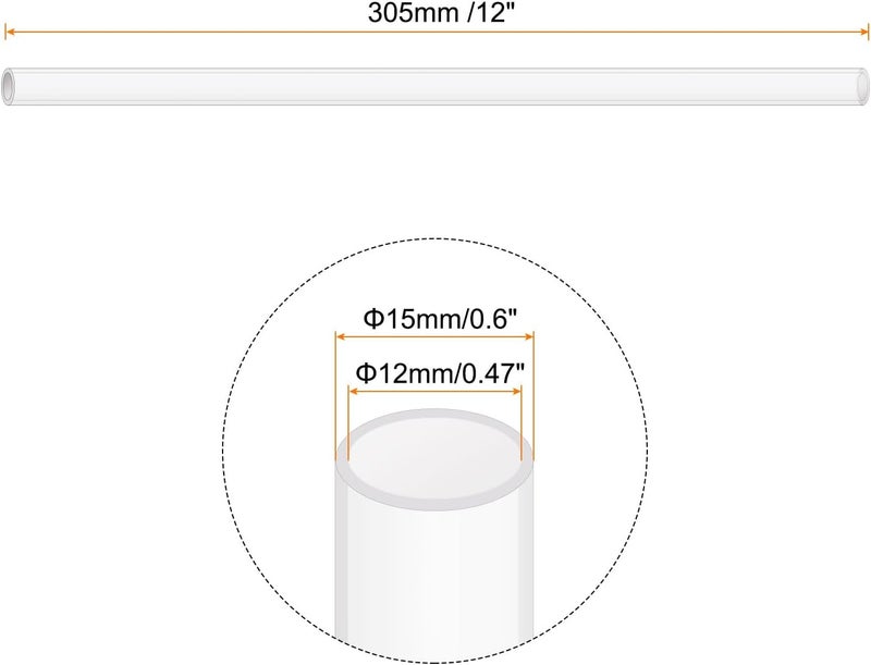 Rebower 12" Clear Plastic Rigid Pipe 12mm ID x 15mm OD (1/2" ID x 0.6" OD) Acrylic Round Polycarbonate Tubing, [for Plumbing, Hydraulics, Pneumatics, Aquarium] - Image 2